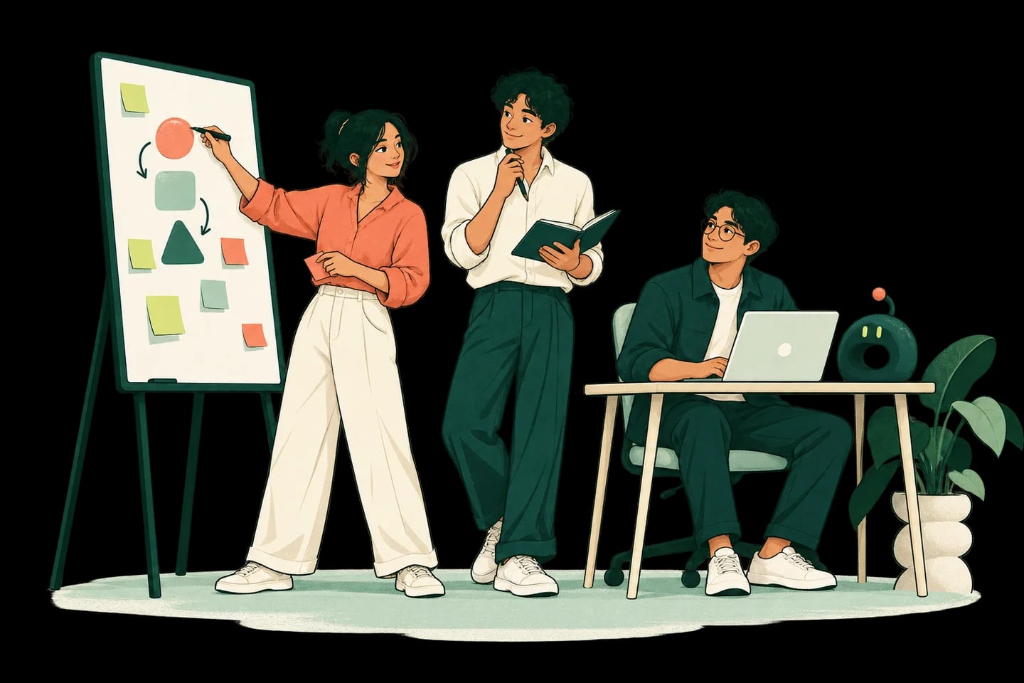 Ilustrasi tim Omind mendengarkan, merancang alur, dan membangun software bersama rekan digital kecil.